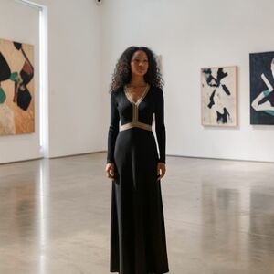 Vintage 1970s Algo Black Knit Maxi Dress With Gold Trim V Neck Top Long Sleeve